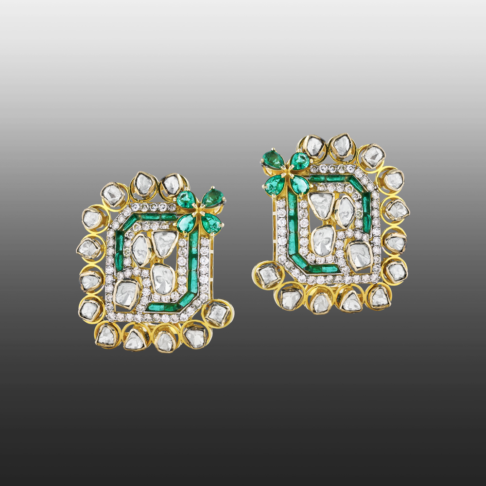 Rectangular Green Colourstone Polki Earrings with pearls